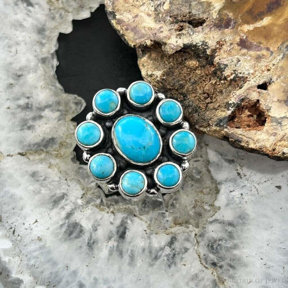 Sterling Silver Southwestern Style Mohave Turquoise Cluster Ring Sz 7 For Women
